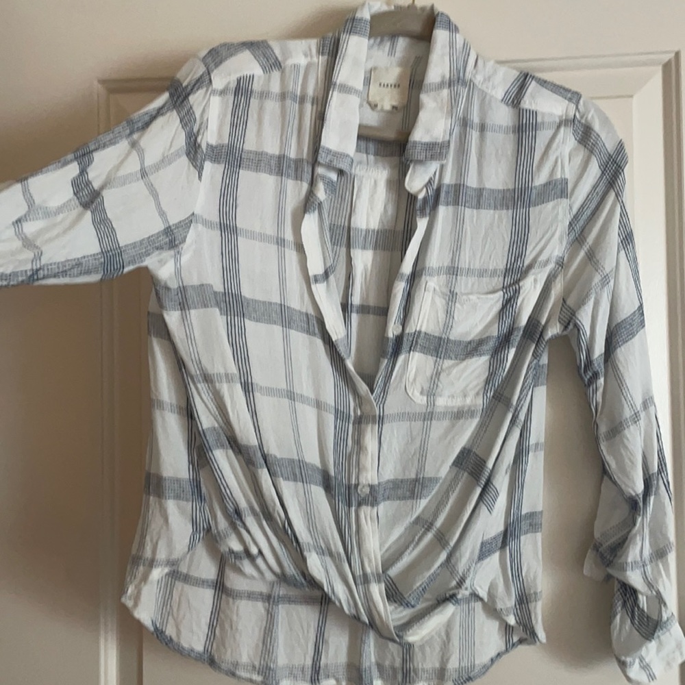 Harper twist front plaid button down shirt (Francesca’s)